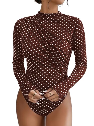SweatyRocks Women's Bodysuit Mock Neck Casual Ruched Long Sleeve Jumpsuit