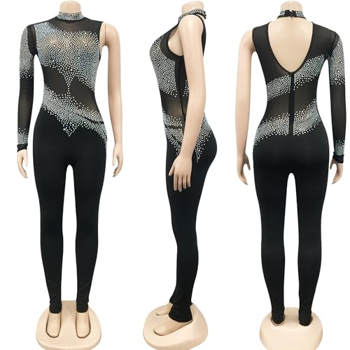 Image of Jigfar Women Sexy Embellished Rhinestone Bodycon Jumpsuit Mesh See Through Patchwork Birthday Party Night Out Clubwear