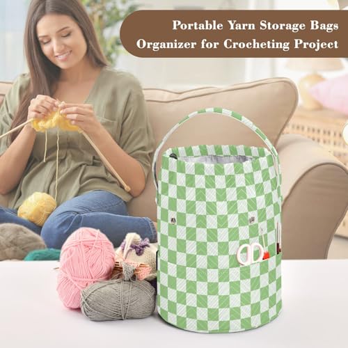 Image of Checkered Light Green Crochet Yarn Bag with Handle Portable Knitting Project Bag Travel Yarn Storage Organizer Holder Case Women Men Gifts