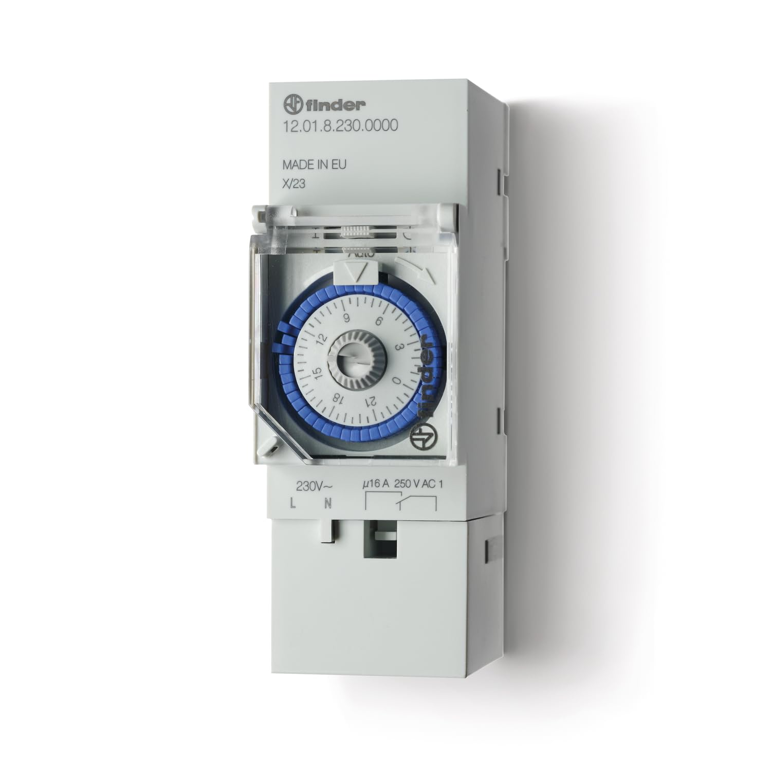 Finder Interruttore orario meccanico a cavalieri giornaliero Tipo 12.01. Dotato di 1 contatto NO 16 A. Stesso programma per ogni giorno. Intervallo minimo di programmazione 30 minuti. Montaggio su barra 35 mm