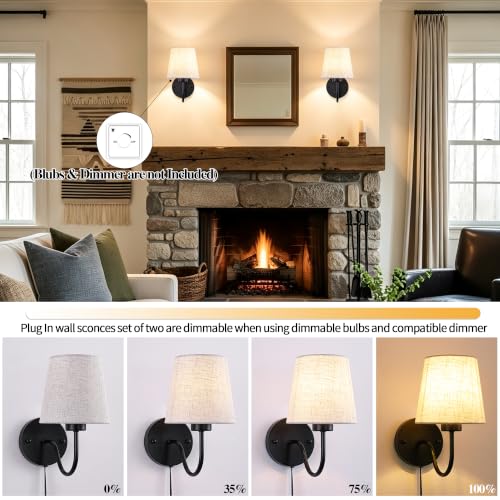 Image of LASENCHOO Plug in Wall Sconces Set of Two, Black Bedside Wall Lamps Lights | Vintage Wall Lights for Bedroom Living Room Hallway Entryway Porch, Plug in Cord 6.56ft, On /Off Switch, Fabric Lampshade, E26