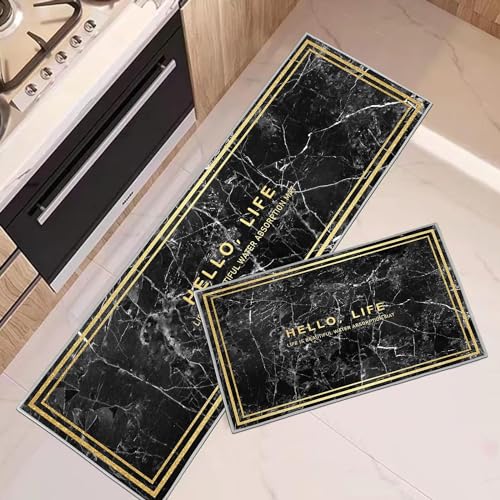HSGLGNA Kitchen Rugs Runner Set of 2 Anti Fatigue Kitchen Floor Mat for Home Decoration Office Waterproof Non Slip Kitchen Rug Set Comfort Standing Mats (Black Marble - Image 4