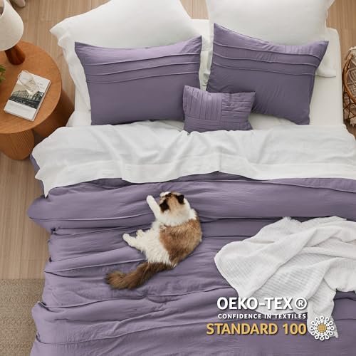 Image of Bedsure Twin Comforter Set - 3 Pieces Pinch Pleat Bed Set, Purple Boho Bedding for All Season, 1 Soft Comforter, 1 Pillowcase, 1 Decorative Pillow