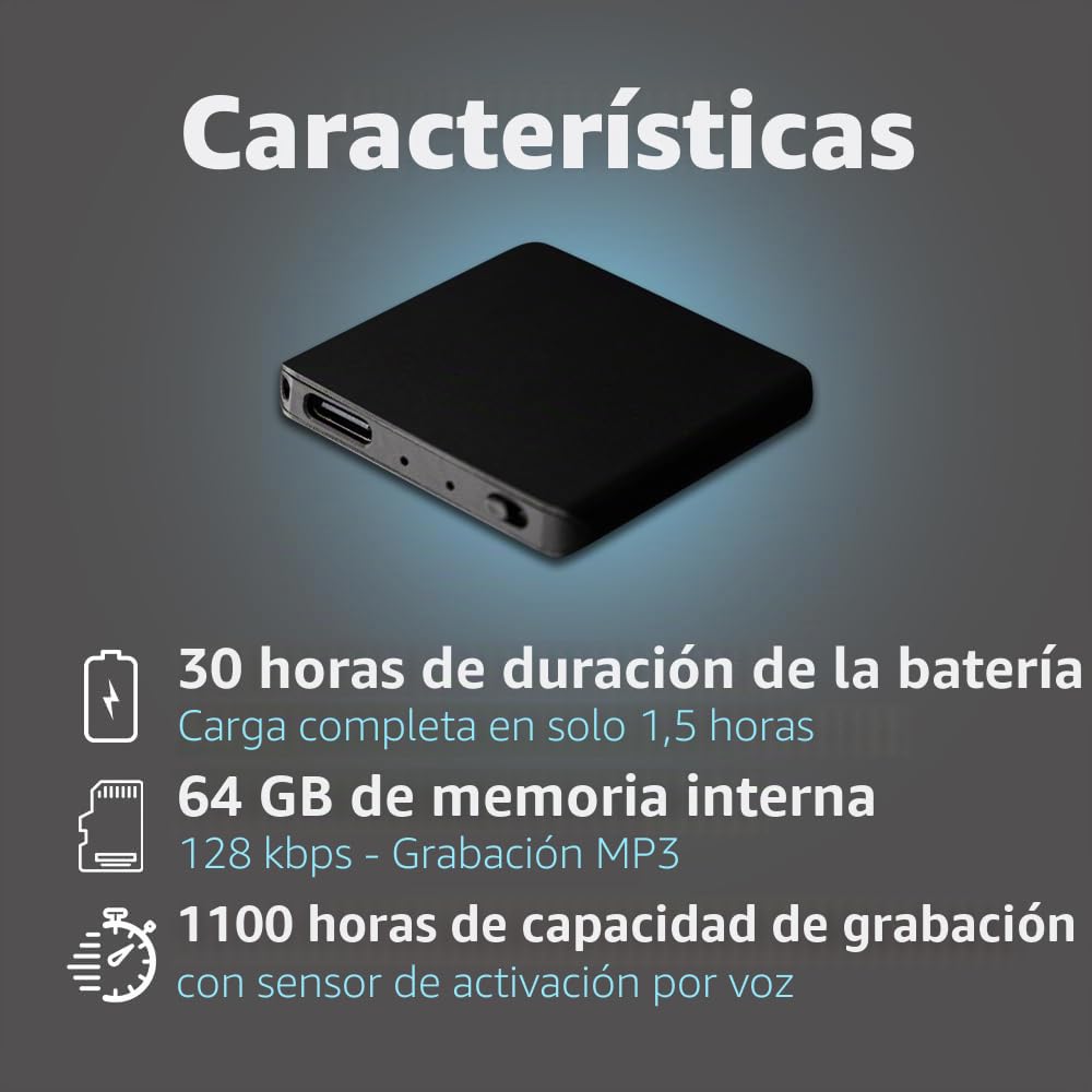Atto Digital TileREC - Mini grabadora - 145 horas - Solo 5 mm - Dictáfono activación de voz - Batería de 24 horas - Grabadora de voz MP3 - TileREC