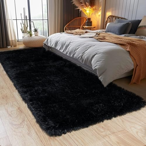 KING DARE Runner Rug 2x6 Black Rugs for Bedroom, Fluffy Shaggy Washable Plush Fuzzy Shag Non-Slip Soft Carpet for Dorm Bedside Hallways Girls Boys Kids Room Indoor Decor