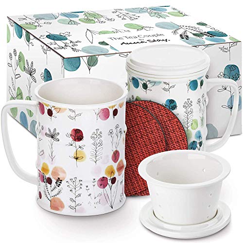 The Tea Couple Tea Infuser Mug Set of 2 14 oz Vintage Porcelain Tea Cups wUltra-Fine Mesh for Steeping - 2 Heat-Resistant Non-Slip Drink Coasters - Reusable Home Office Drinkware FREEDOM