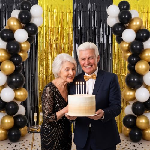 Image of TONIFUL 2Pcs Black and Gold Metallic Tinsel Foil Fringe Curtains Streamers | 3.3ftx6.6ft Photo Booth Backdrop Tinsel Streamer Curtain, Props for Bachelorette Birthday New Year Graduation Christmas Decor