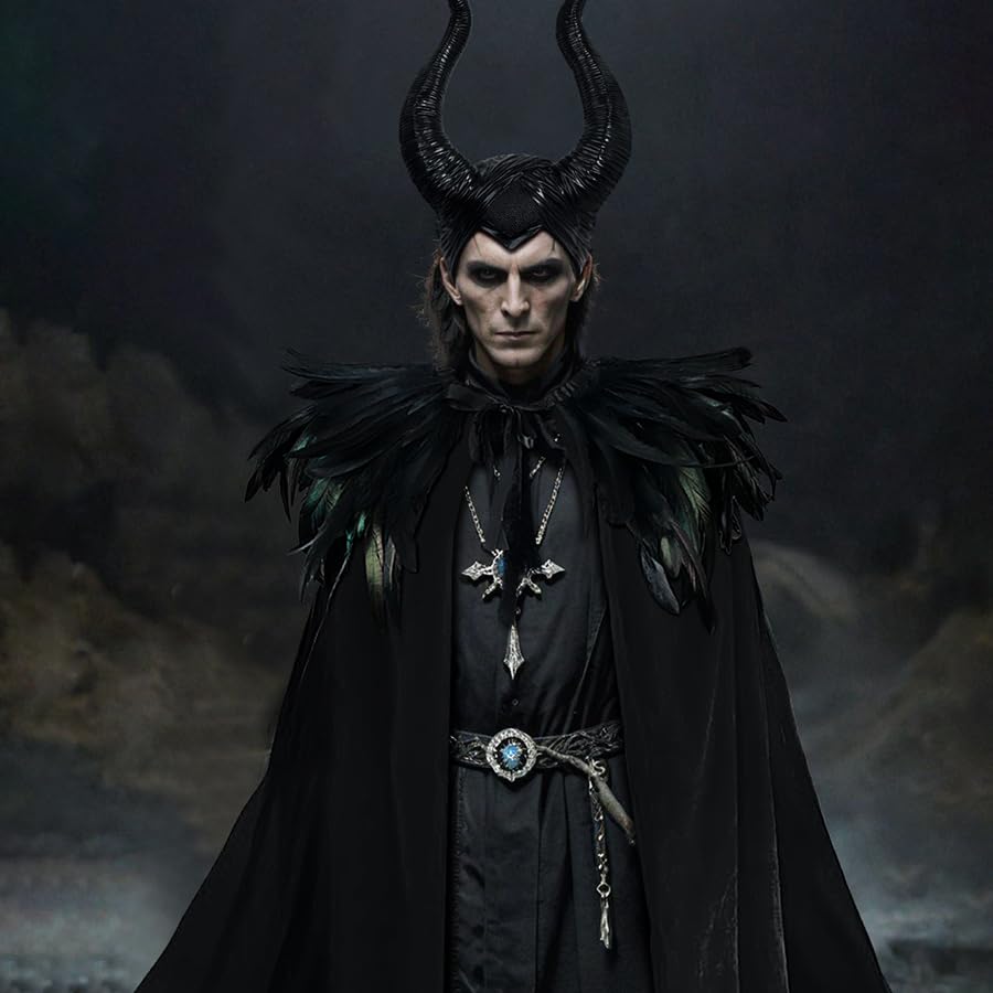 Cape Gothique Noir Plume Avec Cornes Maléfiques - Costume Corbeau Halloween Cosplay Reine Du Mal