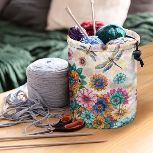 Image of Sellikakes Yarn Bag Yarn Holder Crochet Organizer, Bohemian Dragonfly Crocheting Storage Bag, Portable Mini Knitting Bag Yarns Store Skein Ball, Crochet Project, Knitting Supplies