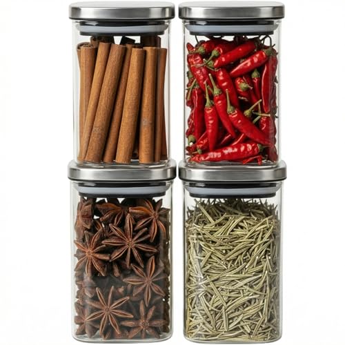 Image of ginoya brothers Airtight Borosilicate Glass Square Jar With Wooden Or Steel Lid Multi-Size, Container for Spices, Coffee, Grains, Snacks & Kitchen Organization (4, STEEL LID, 270 ML)