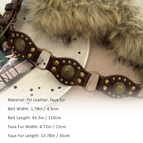 Y2K Studded Faux Fur Belt, Punk Chunky Wide Disc Belt, PU Leather Brown Waist Strap for Women Adjustable for Jeans Dress Pants3