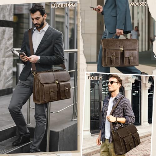 Image of RAINSMORE Mens Messenger Bag 15.6 Inch Leather Vintage Laptop Briefcase Waterproof Computer Laptop Bag Leather Satchel Bag Large Shoulder Bag for Office Work Travel College, DarkBrown