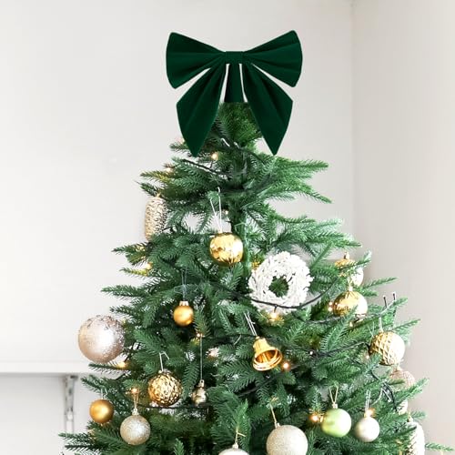Soulchen 12 Inch Dark Green Velvet Bow Christmas Tree Topper Decorative Velvet Ribbon Bow Pre-Tied for Christmas Tree Decorations Home Indoor Outdoor Party Favor
