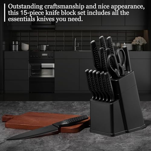 Onader Kitchen Knife Set with Block, 15Pcs Stainless Steel Knife Block Set with Honing Steel, Professional Sharp Knives Tools for Cutting, Chopping, Slicing, Easy to Clean & Heavy-Duty, Black - Image 5
