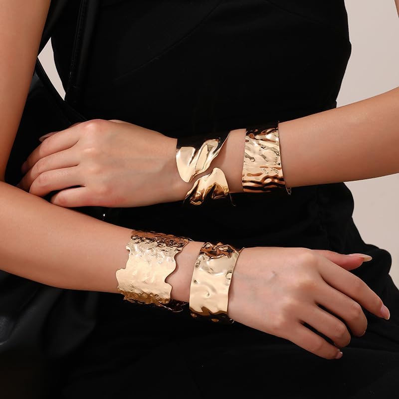 3PCS Gold Chunky Cuff Bracelets for Women Irregular Minimalist Statement Bangle Bracelets Set Open Wide Bangle Arm Cuff Daily Outfits Jewelry - Image 4
