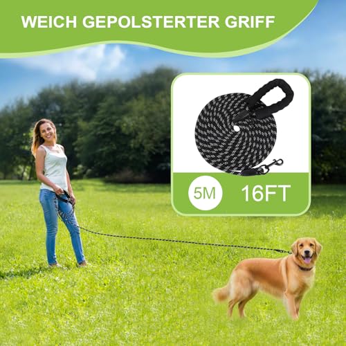 Reflektierend Schleppleine für Hunde, 5m Hundeleine mit Gepolsterten Griff und 2 Karabinerhaken,Starke Hundeleine Große Mittlere Hunde,5m 10m 20m Lang,Abschließbarer Karabiner (Schwarz, 5M X 9MM)