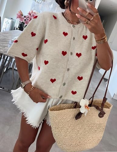 Springrain Womens Lightweight Short Sleeve Cardigan Button down Cropped Cute Heart Sweaters Knitwear3