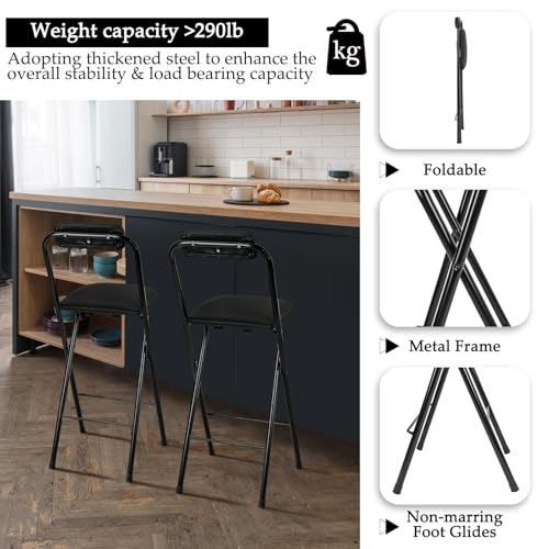 Image of Thyle 1 Pcs Folding Bar Stool with Backrest, Tall Foldable Stool Chair Portable High Folding Bar Chair Counter Height Seat Leather Padded for Kitchen Island Shop Cafe Dining Room Black (24 Inch)
