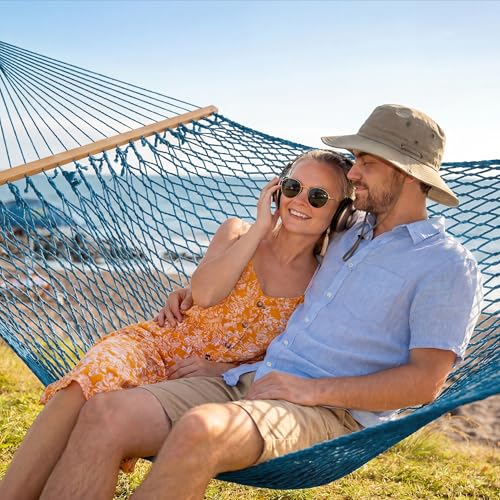 Image of SUNCREAT Rope Hammock with Spreader Bar, Carrying Bag, 450 lbs Capacity, Two Person Hammock with Tree Hooks, Blue