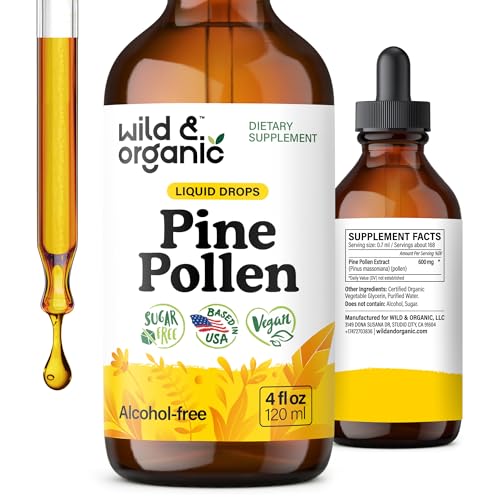 Wild & Organic Pine Pollen Tincture - Pine Pollen for Men & Women - Add to Tea & Drink - Pure Pinus Massoniana Extract Drops - Vegan Sugar & Alcohol-Free Liquid Supplement - 4 fl oz
