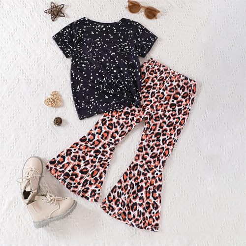 Image of Ayzozuy Kids Toddler Girl Clothes Letter Print Graphic Top + Leopard Print Flare Leg Pants 2PC Summer Clothing Set