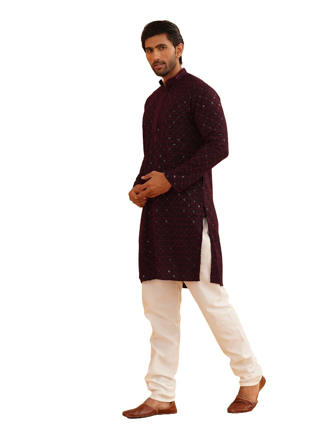 Sojanya (Since 1958 Men's Cotton Gold Embroidered Sequinned Purple Kurta With White Churidar Pyjama