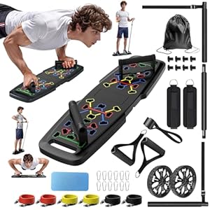 Push Up Board,Home Gym,Portable Exercise Equipment,Pilates Bar and 20 Fitness Accessories with Resistance Bands and Ab Roller Wheel,Full Body Workout at Home