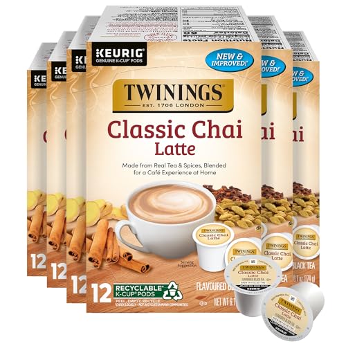 Image of Twinings Chai Latte Black Tea 72 K-Cup Pods for Keurig, 12 Count (Pack of 6), Creamy, Slightly Sweet, Less Sugar, Caffeinated, Enjoy Hot or Iced