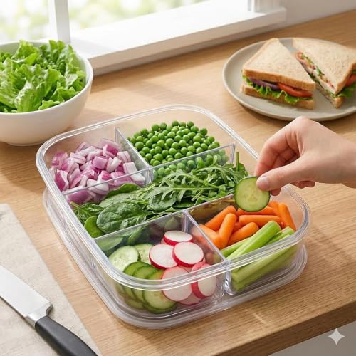 Image of VOLCANO Fridge Storage Containers, Fridge Organizer with Removable Drain Plate & Secure-Sealing Lids, Fridge Storage Boxes Keep Fruits, Vegetables Fresher, Container Box (5 grid Fridge Storage Box)