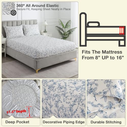 Image of Vintage Blue Floral Percale Bed Sheets King Size Deep Pocket, 4Pcs | 100% Cotton Neutral Flower Sheet Set, Shabby Chic Cottage Core Sheets, French Toile Bedding, Farmhouse, Leaf Patterned, White