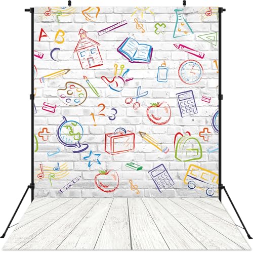 Back to School Backdrop Colorful Hand Painted Pencils House Books Photography Background White Brick Wall Banner for Baby Kids Birthday Classroom School Decorations Supplies (59x82 inch (5x7FT))