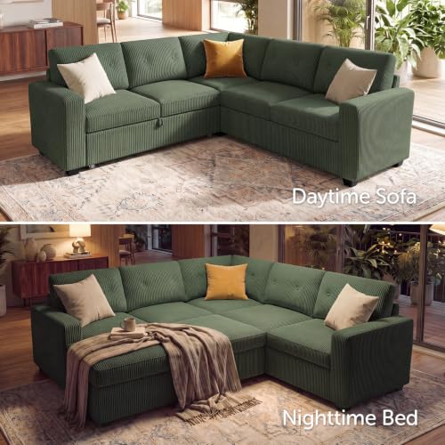 Image of HONBAY Sectional Sleeper Sofa with Pull Out Bed, Convertible 5 Seaters L Shaped Corduroy Sectional Couch for Living Room, Green