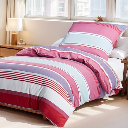 KACEMOO Bettwäsche 135x200 2teilig Set Bettwäsche-Sets für Einzelbett Hochwertiges Mikrofaser Luxus Bettbezug mit Kissenbezug 80x80cm, Rot Streifen