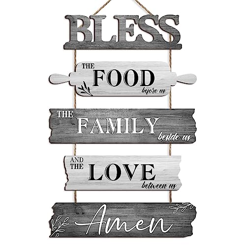Pigort Kitchen Wall Decor Bless the Food Before Us Dining Room Wall Decor - Farmhouse Wall Art For Kitchen Dining Room- Wooden Rustic 5pcs Roped Sign 12x18 Inches (Grey)