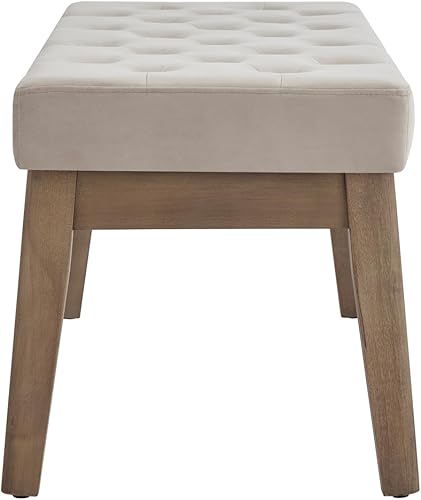 Miniatura 7 de 24KF Banco de Entrada Tapizado en Terciopelo con Botones Capitoné con Patas de Madera Maciza, Banco de Cama Otomano con Asiento Acolchado,