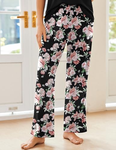 Image of Ekouaer Pajama Sets for Women Short Sleeve Pj Set V Neck Sleepwear Chest Pocket with Long Pants Casual Loose Loungewear