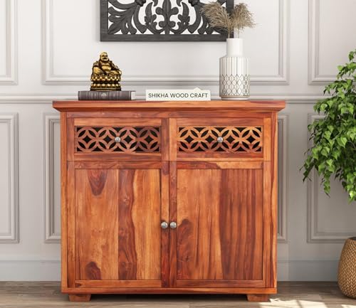 Image of SHIKHA WOOD CRAFT Solid Sheesham Wood Sideboard Cabinet With 2 Drawers and 2 Door Storage | Wooden Multipurpose Cabinet Storage Furniture for Living Room, Bedroom, Home, Kitchen (Natural Honey Finish)