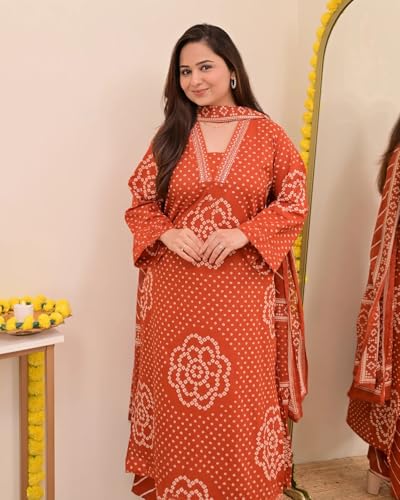 Image of Klosia Women Pure Cotton Kurta Pant Set with Dupatta | Bandhani Print Kurta Sets for Women | Comfortable Suit Sets|Regular Fit