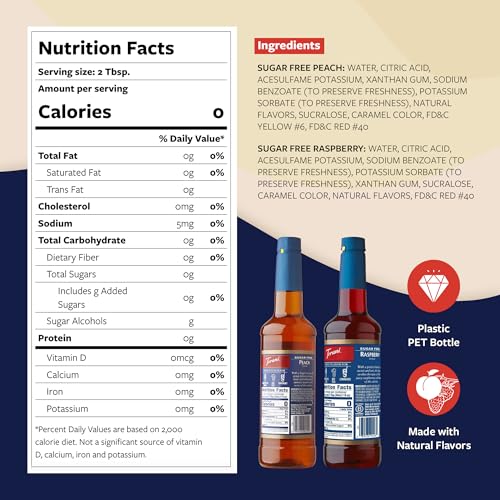 Image of Torani Sugar Free Raspberry Syrup and Sugar Free Peach Syrup Variety 2-Pack, Flavored Syrups for Drinks, Pumps Included, 25.4 Fl Oz Ea