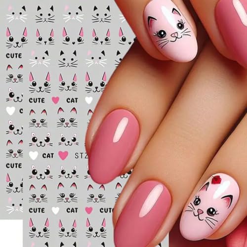 Cute Cat Nail Art Sticker Pink Cartoon Cat Nail Stickers 4PCS Black Line Graffiti Cat Cartoon Animal Design 3D Self-Adhesive Nail Decal Nail Art Supplies Manicure Sliders for DIY Nail Art Decorations image 5