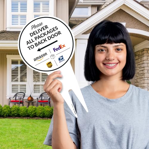 Image of Package Delivery Sign, Delivery Instructions Deliver All Package to Back Door Left Arrow Sign, 7x13 Inches Round Shape, Aluminum Composite Made in USA by Sigo Signs