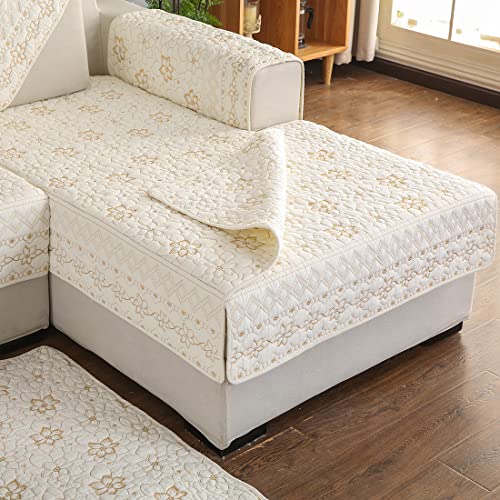 Xslive Reversible Sofa Cover Floral Embroidered Cotton Quilted Sectional Couch Slipcover Washable Armrest Backrest Cover Furniture Protector For Pets Kids,1 Piece/Not All Set (Beige,35"X35") #TOP4