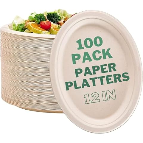 FAMASTON 100 pack Oval Paper Plates 12 inch 100% Compostable Heavy-Duty disposable extra large platters thanksgiving dinner party bulk 12" biodegradable platos - Craft Cover