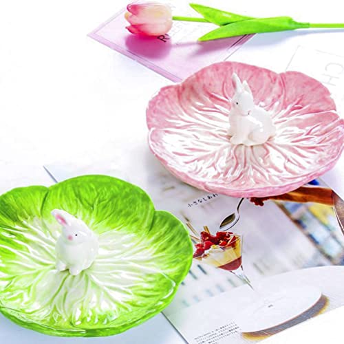 Bandeja de cerâmica bandeja decorativa tigela de servir em forma de repolho com estátua de coelho pr