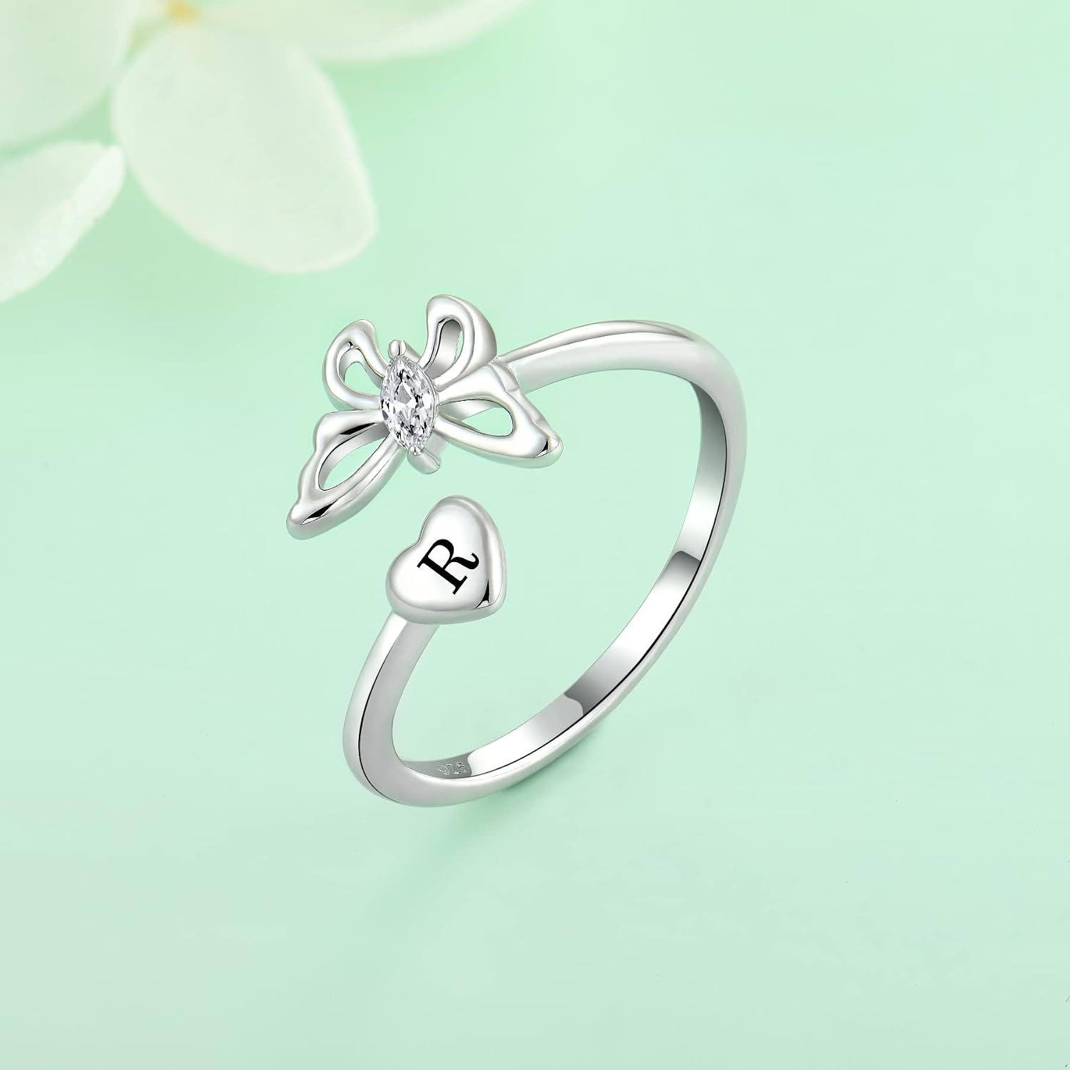 STARCHENIE Butterfly Initial Ring for Women 925 Sterling Silver Letters A-Z 26 Alphabet Adjustable Ring Size 7