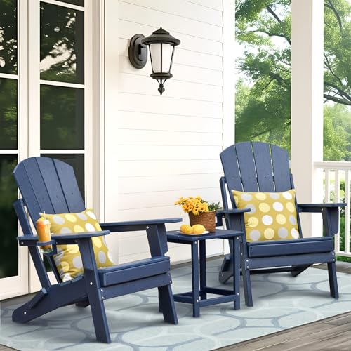 Folding Adirondack Chairs, HDPE Weather Resistant Outdoor Firepit Chairs with Cup Holder, Patio Folding Chairs for Garden, Lawn, Backyard, Deck, Fire Pit (2 Chairs with Table, Navy Blue) by ART TO REAL - Image 2