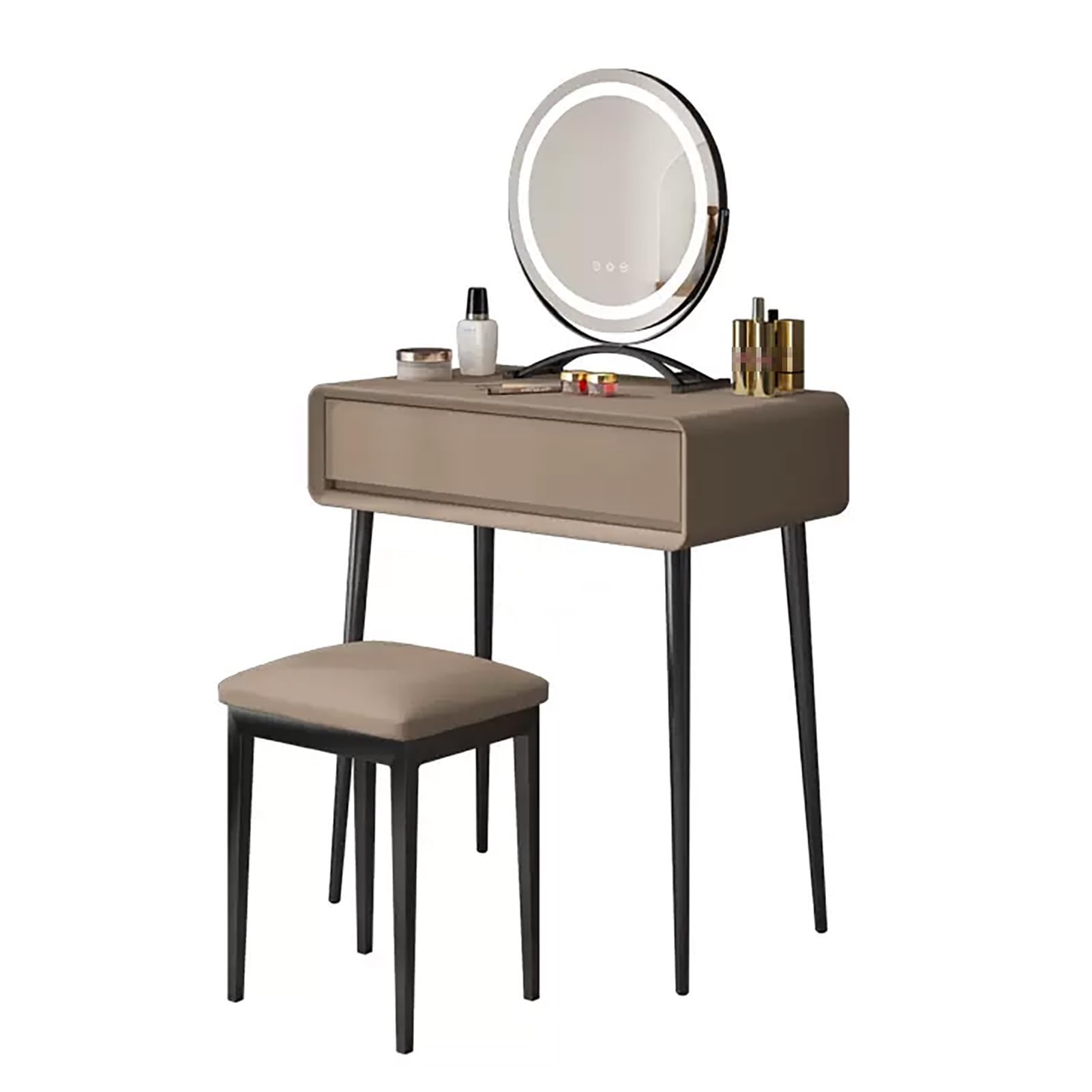 asdchZen Stylish Makeup Vanity Desk With 360°Rotating Mirror, Microfiber Leather, Makeup Dresser Set With Stool, Carbon Steel Legs, Modern Dressing Table,Brown-70cm/27.5in