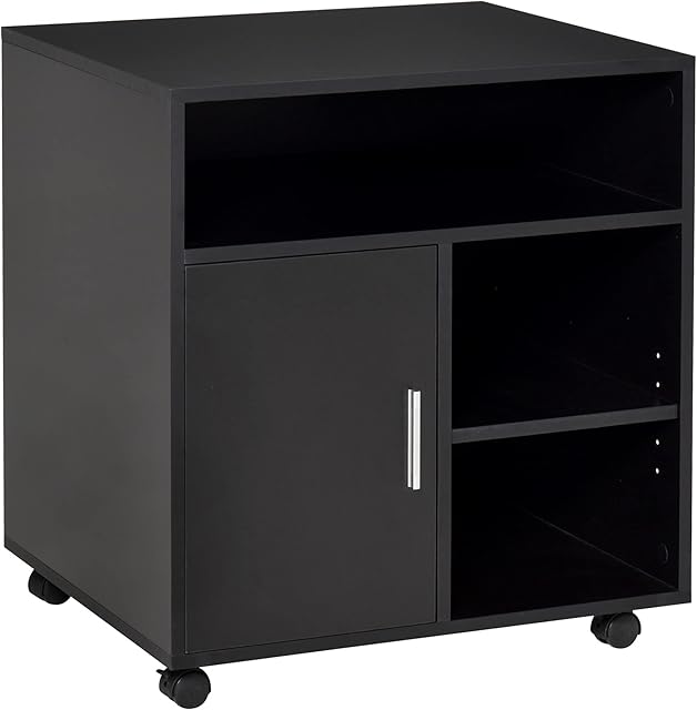 HOMCOM Multi-Storage Printer Stand Unit Office Desk Side Mobile Storage w/ Wheels Modern Style 60L x 50W x 65.5H cm - Black