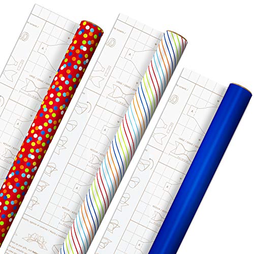 Hallmark Birthday Wrapping Paper With Templates For Handmade Bows On Reverse (3-Pack: 75 Sq. Ft. Ttl) Royal Blue, Rainbow Stripes, Colorful Confetti #TOP5
