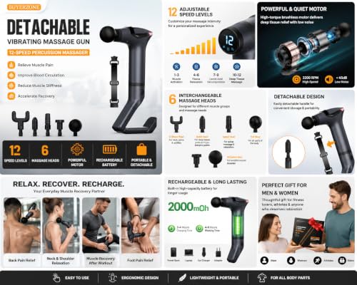 Image of Detachable Vibrating Massage Gun with Adjustable Extension Handle & Shoulder Strap | 12 Speed Levels | 4 Interchangeable Massage Heads | Deep Tissue Percussion Massager for Back, Neck, Shoulder, Arms & Legs